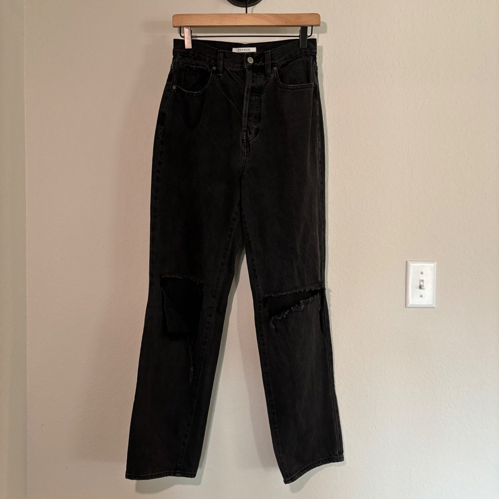 PacSun Jeans Dad Jean 27 Distressed High Rise Black Denim Grunge Skater Style